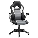 SONGMICS Gamingstuhl, Racing Chair, Schreibtischstuhl mit hoher Rückenlehne, Bürostuhl, höhenverstellbar, hochklappbare Armlehnen, Wippfunktion, für Gamer, Polyurethan, schwarz-grau-weiß OBG28G
