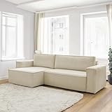 payé Ecksofa mit Schlaffunktion Beige 287x145x75cm, Cord Stoff, Moderne Eckcouch für Wohnzimmer mit Rückenkissen Schlafsofa