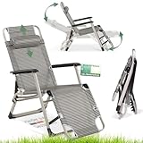 maxVitalis Relax Liegestuhl klappbar Campingstuhl mit Fußablage (verstellbar) und Armlehne, Sonnenliege Feltbett bis 200 kg, Rahmen Stahlrohr, grau